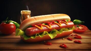 suculento cachorro quente com especiarias, coberturas, ketchup, maionese, e fresco salada. colorida e apetitoso contra Sombrio fundo. ai gerado foto
