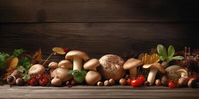 cogumelo vegetariano quadro. fresco orgânico legumes e cogumelos em Sombrio fundo. perfeito para saudável Comida temas. generativo ai foto
