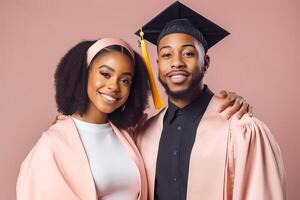lindo Preto americano jovem homem e mulher vestindo uma graduação boné. estudar, Educação, graduado conceito. generativo ai ilustração foto