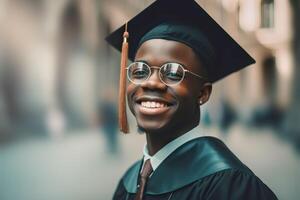 retrato do Preto americano jovem homem vestindo uma graduação boné. estudar, Educação, graduado conceito. generativo ai ilustração foto