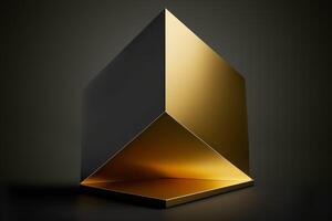 esvaziar dourado geométrico pódio para produtos exibição em Preto fundo. generativo ai ilustração foto