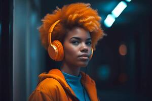 solitário lindo Preto mulher com afro cabelo escuta para música dentro fones de ouvido. generativo ai ilustração foto