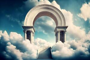céus portão para céu fim do vida. escada para paraíso. religioso fundo. generativo ai ilustração foto