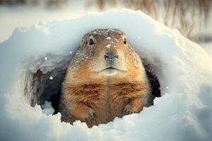 feliz marmota dia. marmota surge a partir de uma Nevado orifício depois de hibernação. generativo ai ilustração foto