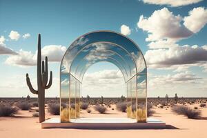 vidro portal pódio em surreal deserto panorama. generativo ai ilustração foto