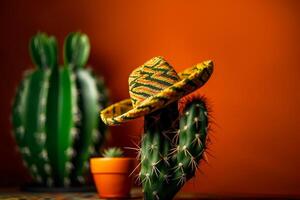 cinco de maionese feriado fundo. mexicano cacto dentro festa sombrero chapéu em vermelho laranja fundo. generativo ai ilustração foto