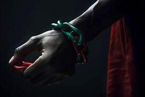 dezenove nacional independência dia celebração conceito. uma mão é acorrentado com vermelho verde corrente. generativo ai ilustração foto