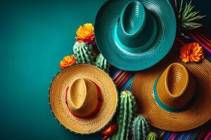 cinco de maionese feriado fundo. mexicano cacto e festa sombrero chapéus em cerceta verde fundo. generativo ai ilustração foto