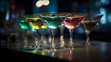 martini coquetel conjunto em borrado Barra contador dentro Boate. generativo ai ilustração foto