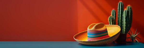 cinco de maionese feriado fundo. mexicano cacto e festa sombrero chapéu em vermelho laranja bandeira. generativo ai ilustração foto