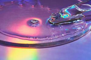 pipeta com amostra do Cosmético produtos dentro petri prato em holográfico fundo, iridescente destaques, seletivo foco foto