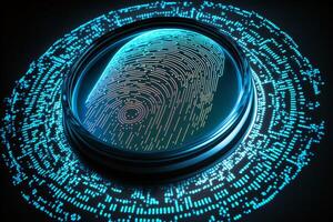 biometria identificação e cyber segurança conceito. brilhando néon impressão digital em Sombrio fundo. generativo ai ilustração. foto