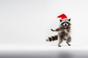 fofa guaxinim dentro santa chapéu danças em branco fundo. alegre Natal conceito. generativo ai foto