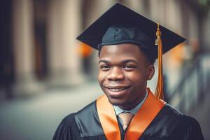 retrato do Preto americano jovem homem vestindo uma graduação boné. estudar, Educação, graduado conceito. generativo ai ilustração foto