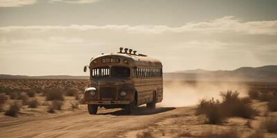 ai gerado. ai generativo. foto realista ilustração do ônibus equitação dentro a desrt em a estrada. louco max filme inspirado. gráfico arte