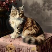 ai gerado. ai generativo. Década de 1910 vintage retro colori foto realista fotografia ilustração. caneta animal gatinha gato relaxar vibe. gráfico arte