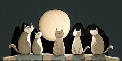 ai gerado. desenho animado ilustração do gatos olhando às lua. quase Magia romântico vibe. inspirado de Jon klassen. ai generativo. gráfico arte foto