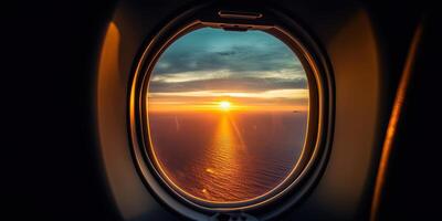 ai gerado. ai generativo. foto realista ilustração do nuvens acima céu acima dentro a ar Visão através a ar avião aeronave janela. aventura viagem período de férias vibe. gráfico arte