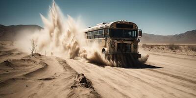 ai gerado. ai generativo. foto realista ilustração do ônibus equitação dentro a desrt em a estrada. louco max filme inspirado. gráfico arte