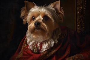 ai gerado. ai generativo. pintura do uma yorkshire terrier dentro renascimento roupas realista ilustração. vintage retro elite vibe. gráfico arte foto