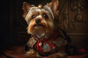 ai gerado. ai generativo. pintura do uma yorkshire terrier dentro renascimento roupas realista ilustração. vintage retro elite vibe. gráfico arte foto