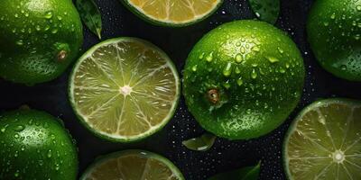 ai generativo. ai gerado. macro tiro fotografia do fatias limas verde tropical frutas. gráfico arte foto