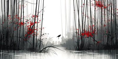 ai gerado. ai generativo. ilustração do ásia China Japão plantar bambu com pássaro. Paz mente Claro calma vibe. gráfico arte foto