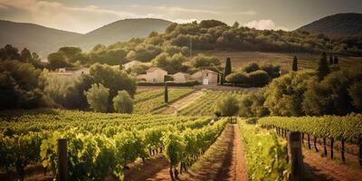 ai gerado. ai generativo. Vinhedo às sul França provence. vinho plantar jardim colheita. romântico relaxar calafrio vibe. gráfico arte foto