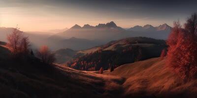 ai gerado. ai generativo. foto realista ilustração do Alpen panorama fundo montanhas caminhar pedras. aventura caminhada viagem explorar vibe. gráfico arte