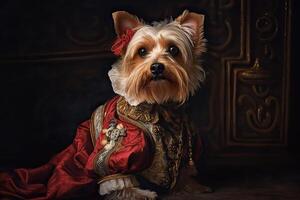 ai gerado. ai generativo. pintura do uma yorkshire terrier dentro renascimento roupas realista ilustração. vintage retro elite vibe. gráfico arte foto