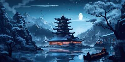 ai gerado. ásia chinês desenho animado estilo azul cores pagode têmpora torre panorama. ai generativo. gráfico arte foto