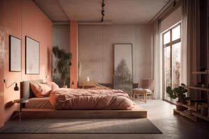 moderno estilo quarto suave cimento corar com coral Rosa . ai gerado foto