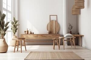 parede brincar dentro branco simples interior com de madeira mobília, scandi-boho estilo . ai gerado foto