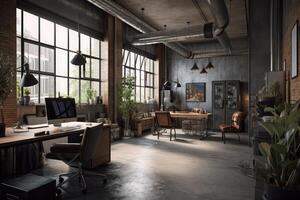 moderno escritório interior dentro sótão, industrial estilo . ai gerado foto