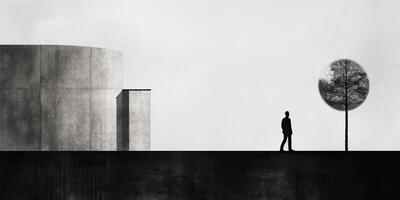 ai gerado. ai generativo. surrealismo solitário humor ilustração com uma solitário homem pessoa dentro urbano cidade mínimo decoração. gráfico arte foto