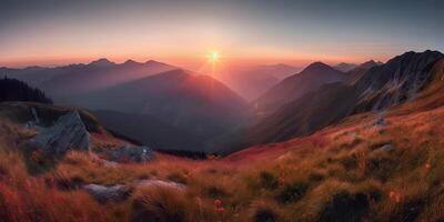 ai gerado. ai generativo. foto realista ilustração do Alpen panorama fundo montanhas caminhar pedras. aventura caminhada viagem explorar vibe. gráfico arte