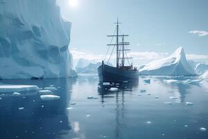 antártico panorama com navio e icebergs. a navio dirigindo através congeladas mar. generativo ai foto