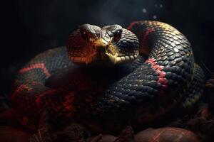 antigo réptil com vermelho olhos. perigoso venenoso exótico serpente. generativo ai foto