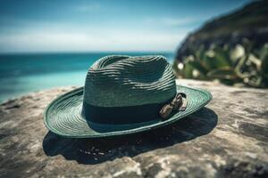 uma tropical de praia configuração com uma Palha chapéu dentro a primeiro plano. de praia feriado conceito. generativo ai foto