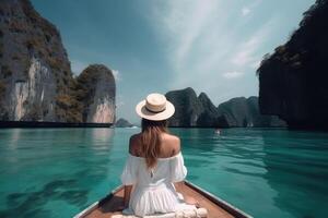 turista mulher dentro vestir relaxante em barco às a lindo ilhas, costas visualizar. generativo ai foto