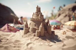 areia castelo com torres em a costa do a arenoso de praia azul mar. generativo ai foto