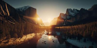 ai gerado. ai generativo. foto realista ilustração do EUA americano yosemite nacional parque dentro a tarde manhã. aventura explorar vibe. gráfico arte