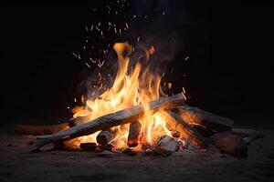 fogueira às Turística acampamento dentro a noite. chama e fogo faíscas em Sombrio fundo. generativo ai foto