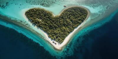 ai gerado. ai generativo. aéreo zangão foto realista ilustração do ilha Maldivas dentro coração forma. paraíso aventura período de férias tropical vibe. gráfico arte