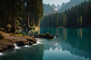 lindo lago debaixo a montanhas ai gerado foto