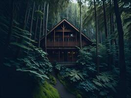 uma casa dentro uma Sombrio floresta com a luzes em ai gerado foto