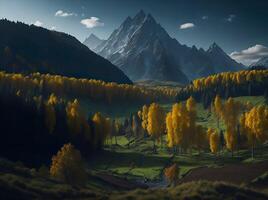 outono panorama dentro a campo com lindo floresta e montanhas ai gerado foto