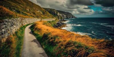 ai gerado. ai generativo. foto realista fotografia ilustração do litoral irlandês estrada viagem. montanhas explorar aventura viagem vibe. gráfico arte