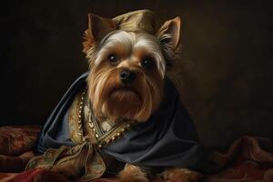 ai gerado. ai generativo. pintura do uma yorkshire terrier dentro renascimento roupas realista ilustração. vintage retro elite vibe. gráfico arte foto