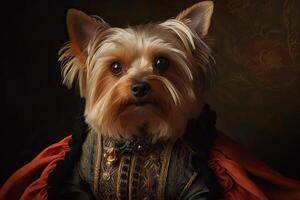 ai gerado. ai generativo. pintura do uma yorkshire terrier dentro renascimento roupas realista ilustração. vintage retro elite vibe. gráfico arte foto